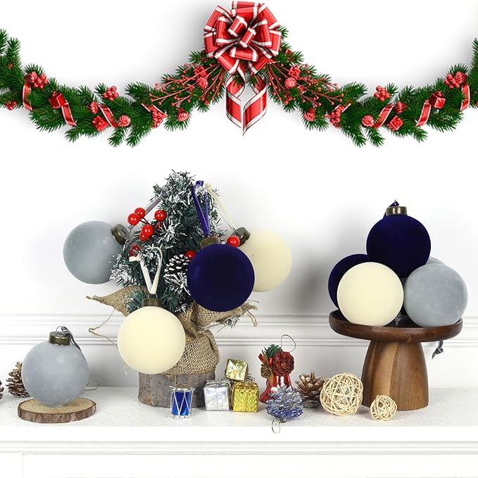 12 Pcs Velvet Christmas Balls Bulk Shatterproof Plastic Christmas Tree Decorations for Decorative Hanging Baubles (12, Beige、Haze Blue、Navy Blue, 3.94Inch)