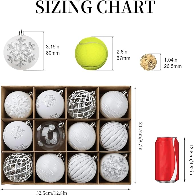 SHareconn 80mm Christmas Balls Ornaments,12PCS Colored Shatterproof Plastic Decorative Hanging Tree Decorations Baubles Set for Xmas Tree Decor Holiday Party Decoration with Lanyard,White&Silver