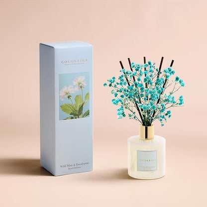 COCORRÍNA Reed Diffuser - Wild Mint & Eucalyptus 6.7 Fl.oz Reed Diffuser Set with Sticks & Preserved Baby's Breath, Reed Diffuser for Home Bathroom Shelf Decor