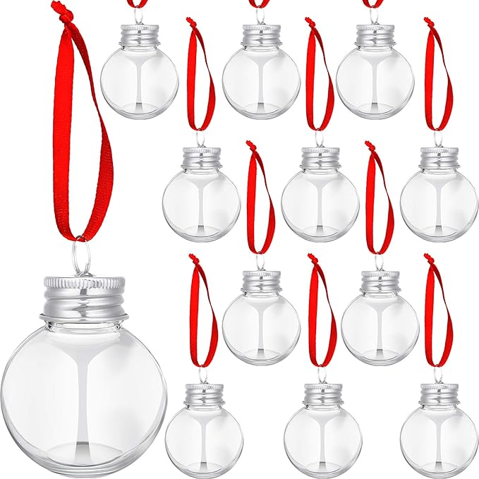 Patelai 12 Pcs Christmas Drink Balls Shot Glass Ornament Plastic Fillable Christmas Tree Ornaments Xmas Water Bottle Bulbs for Holiday Party Indoor Outdoor (Silver Lid)