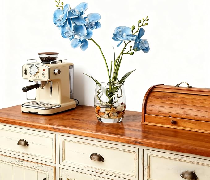 Jusdreen Artificial Blue Orchid in Glass Vase, Realistic Phalaenopsis Arrangement with Potting for Home Office Table Decor, 14.5 Inch Flower Centerpiece