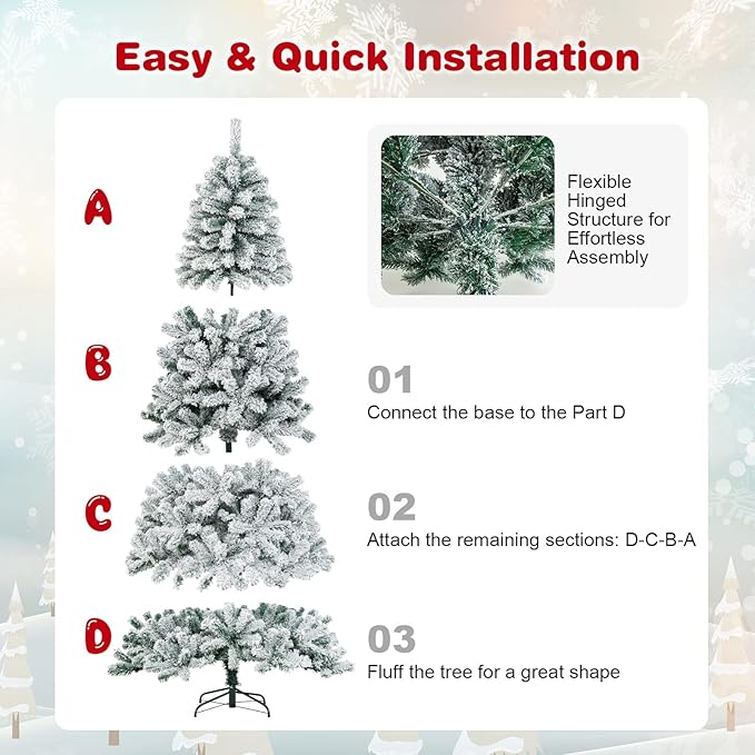 HAPPYGRILL 9 FT Flocked Christmas Tree Artificial Xmas Tree with 1498 PVC Branch Tips, Hinged Xmas Tree Life-Like Seasonal Holiday Tree for Home Office