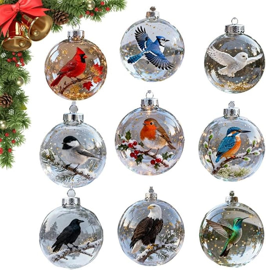 Winter Birds Christmas Glass Bauble Collection, Nature’s Birds Crystal Glass Ornament Set, 2026 Cute Hummingbird Christmas Tree Ornaments, for Xmas Tree Memorial Gifts, Room Decor(Mix9)