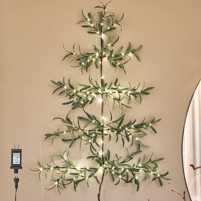 Hairui Lighted Wall Hanging Olive Tree with Timer 3.5FT 140 Warm White LED Fairy Lights, Vine Garland with Lights for Home Room Fireplace Wall Window Christmas Decoration Inside Outside