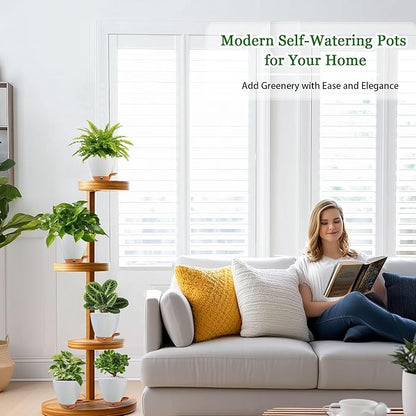 6 Inch Self Watering Pots for Indoor Plants (5-Pack) – Small Plastic Planters with Water Window, Drainage Holes & Trays, Indoor Outdoor Flower Pots for Herbs, Succulents, Home Garden Decor (White)