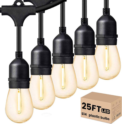 Svater Outdoor Led String Lights 25 FT, Patio Lights for Outside with 9pcs S14 Shatterproof Bulbs, 1 Watt E26 Dimmable, IP65 Waterproof, Commercial Grade Bistro Light 2700K Warm White
