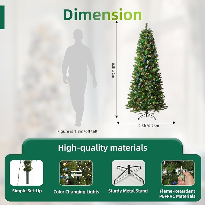 6.5ft Pre-Lit Slim Christmas Tree Douglas Fir with 162 PE& 478 PVC Branches, Hinged Sections & Metal Stand,300 Dual Color LED Lights with 10 Modes for Holiday Decoration