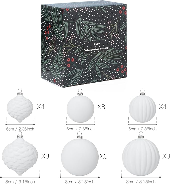 KI Store Velvet Christmas Balls White 25pcs Flocked Christmas Tree Ornaments Assortment for Xmas Tree Holiday Decor