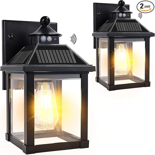 Solar Wall Lights Outdoor Large Size Solar Porch Sconce Lights Motion Sensor with 3 Lighting Modes Dusk to Dawn - Waterproof Lantern Fixture for Front Door Garage Porch Yard Fence (2 Pack)