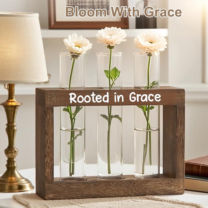 Rooted in Grace Propagation Station – Wooden Plant Holder with 3 Glass Vases, Indoor Rooting Station for Cuttings, Christian-Inspired Gift for Women, Birthday, Housewarming, Plant Lover Décor