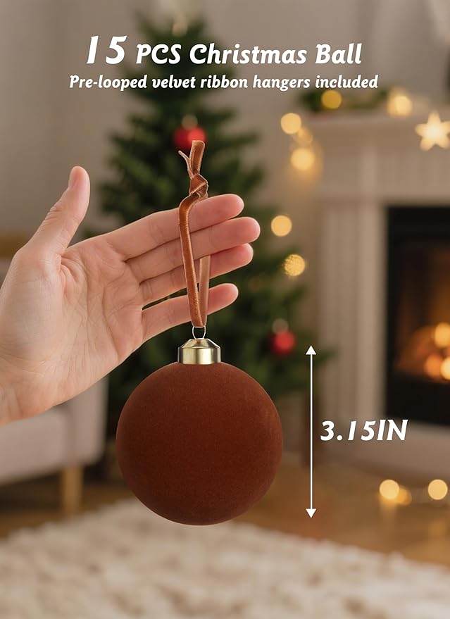 Brightown 15 Pcs Brown Velvet Christmas Balls, 3.15 Inch Velvet Ornaments for Christmas Tree, Christma Tree Flocked Ornaments Balls for Family Holiday Wedding Party Xmas Hanging Decoration