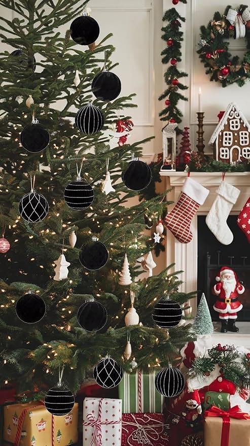 Hollyone Velvet Black Christmas Ornaments for Christmas Tree 3.2inch Xmas Ball Ornaments 9Pcs Flocked Balls Xmas Hanging Ornament Decoration Set Shatterproof for Holiday Party Wreath Home Decor