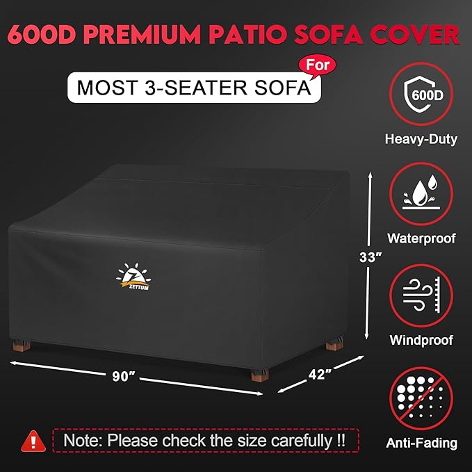 Zettum Patio Sofa Cover 90 Inch - 600D Outdoor Couch Cover Furniture Cover Waterproof & Heavy Duty, Large 3-Seater Bench Cover for Outside Sofa, Loveseat, Couch, Glider and Bench - 90 x 42 x 33 Inch