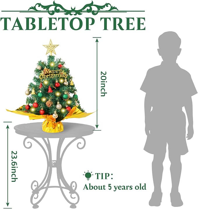 XmasExp 20in Mini Christmas Tree Artificial Small Christmas Tree with Lights,Star Treetop,Ornaments Balls,Bells and Pine Cones DIY Xmas Decorations Green