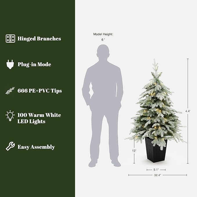 LuxenHome 4.5FT Potted Christmas Tree, Downswept Branches Prelit Small Christmas Tree with 100 LED Lights, Natural Slim Fir Trees Pre-lit with Black Square Pot for Porch, Entryway Holiday Display