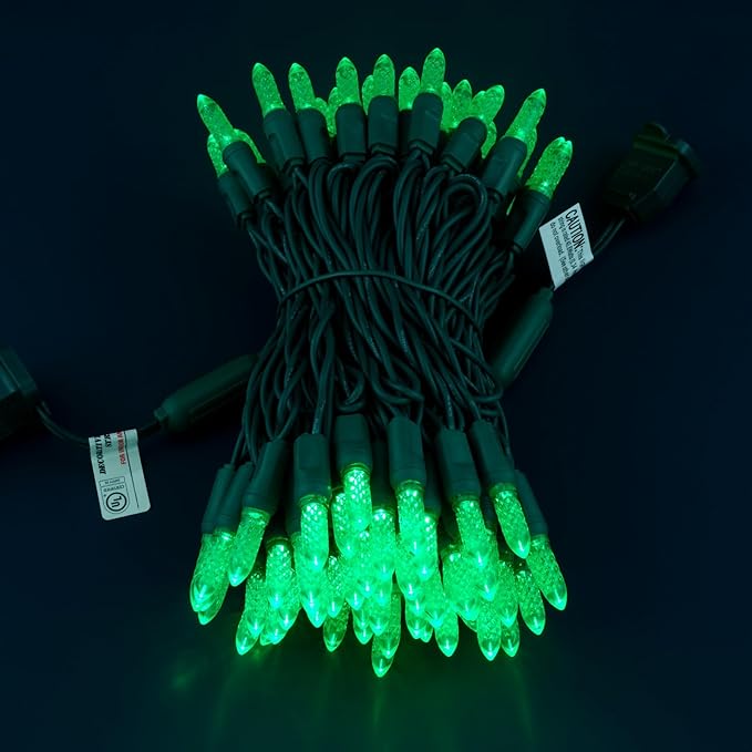 100 Green Faceted One-Piece LED Christmas Lights, 33 ft Green Cord High Waterproof UL Certified M6 Outdoor String Lights