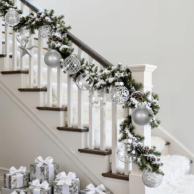 Ouddy Decor 36 Pcs Clear Christmas Ball Ornaments, 2.36" Shatterproof Silver Plastic Christmas Ornaments Set Decorative Hanging Transparent Baubles for Xmas Tree Holiday Party Decor, Silver