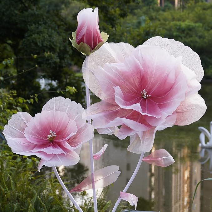 Giant Flowers for Decoration,Large Fake Flower with Standing Stems and Base,Big Artificial Flowers for Home Decor,Wedding Background Decor,Shop Window Display,Banquet,Garden Party (red)