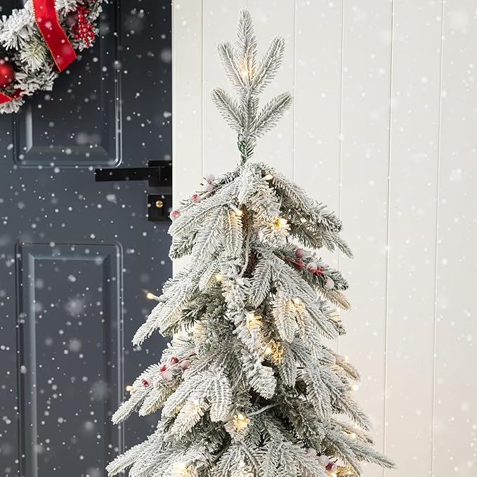 Glitzhome 4ft Christmas Tree, Small Christmas Tree Flocked Fir Potted Prelit Artificial Christmas Tree with 100 Warm White Lights and Red Berries,313 PE&PVC Branch Tips for Holiday Party Decorations