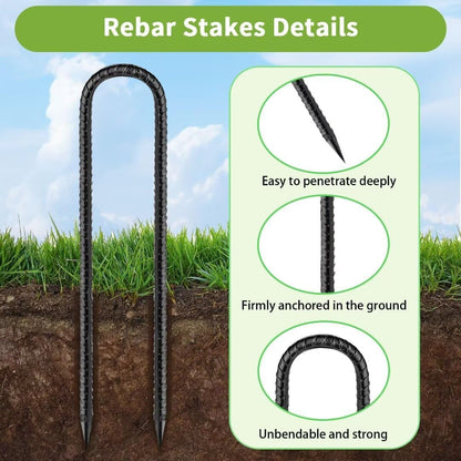 Rebar-Stakes-12-Inch, Ground Stakes Heavy Duty U-Hook Black Coated Anti-Rust Heavy Duty Ground Anchors for Garden Dog Fence Chicken Coop Christmas Decorations Deer Fence 12pcs