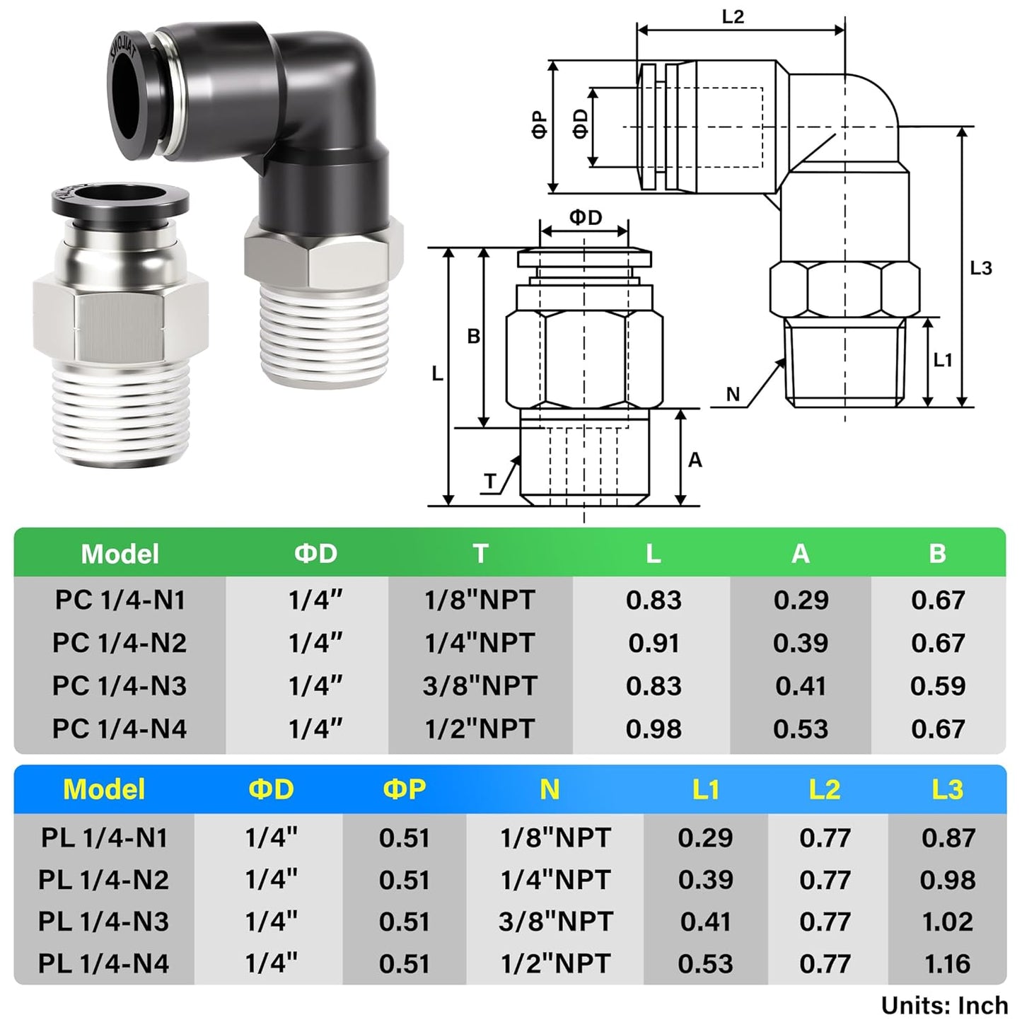 TAILONZ PNEUMATIC Elbow and Straight Combination 1/4 Inch Tube OD x 1/8 Inch NPT Thread Push to Connect Fittings PC-1/4-N1+PL-1/4-N1(Pack of 4)