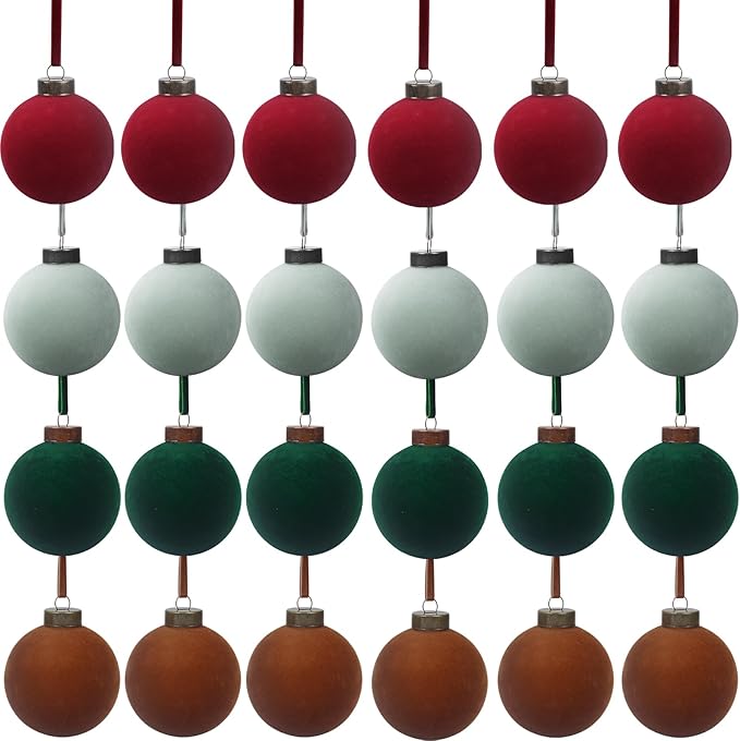 24 Pcs Velvet Christmas Balls Bulk Shatterproof Plastic Christmas Tree Decorations for Decorative Hanging Baubles (24, Wine red、Haze Blue、Blackish Green、Brown, 2.36Inch)