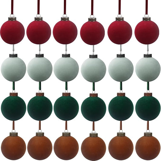 24 Pcs Velvet Christmas Balls Bulk Shatterproof Plastic Christmas Tree Decorations for Decorative Hanging Baubles (24, Wine red、Haze Blue、Blackish Green、Brown, 2.36Inch)