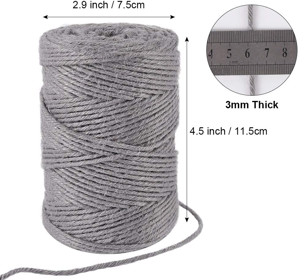 Tenn Well Grey Jute Twine, 328 Feet 3mm Thick Twine Rope for Gift Wrapping, Crafting, Packing, Gardening, DIY Projects