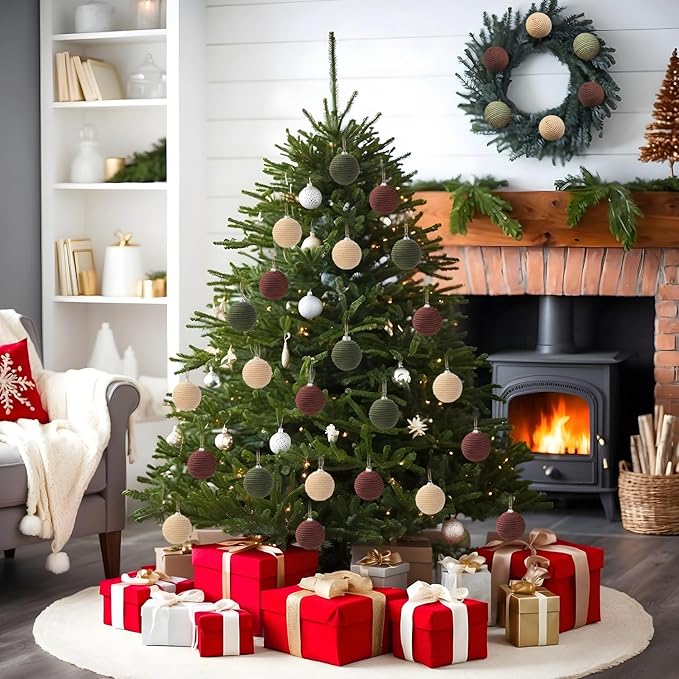 JOICEE 9 Pcs Boho Christmas Ball Ornaments Set, Jute Rope Hanging Balls Neutral Rustic Ornaments Christmas Ball Decoration for Xmas Tree Wreath Garland Party Farmhouse Decor(Green, Linen,Dark Brown)