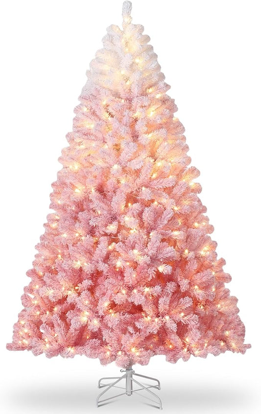 GAOMON 7.5Ft Pink Christmas Tree,Snow Flocked Artificial Christmas Tree with 450ww LEDs Lights & 288 Branch Tips & Sturdy Metal Stand, Xmas Decoration for Home Office, Party, Holiday, Pink Gradient