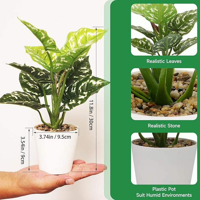 11.8 Inch 3 Pcs Small Fake Plants Artificial Potted Plant Indoor Faux Tropical Plant for Home Office Table Shelf Desktop Décor