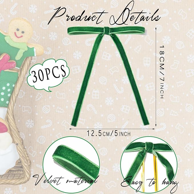 Spiritlele 30 Pcs Green Christmas Bows for Christmas Tree Velvet Ribbon Bow Knot Vintage Wreath Bows Ornaments for Xmas Holiday Home Decoration (5 x 7 Inch, Width of 3/8")