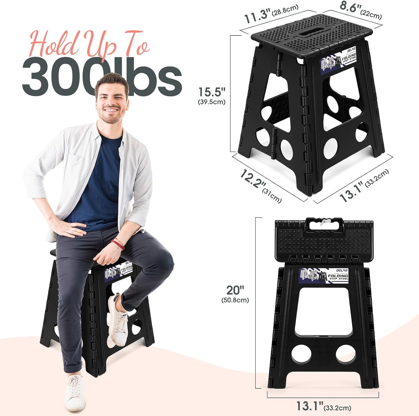 Delxo Folding Step Stool 16 Inch,Non-Slip Foldable Stools for Adults Up to 300 LBS,Kitchen Collapsible Fold Up Stepping Stool with Dotted 1 Pack,Black