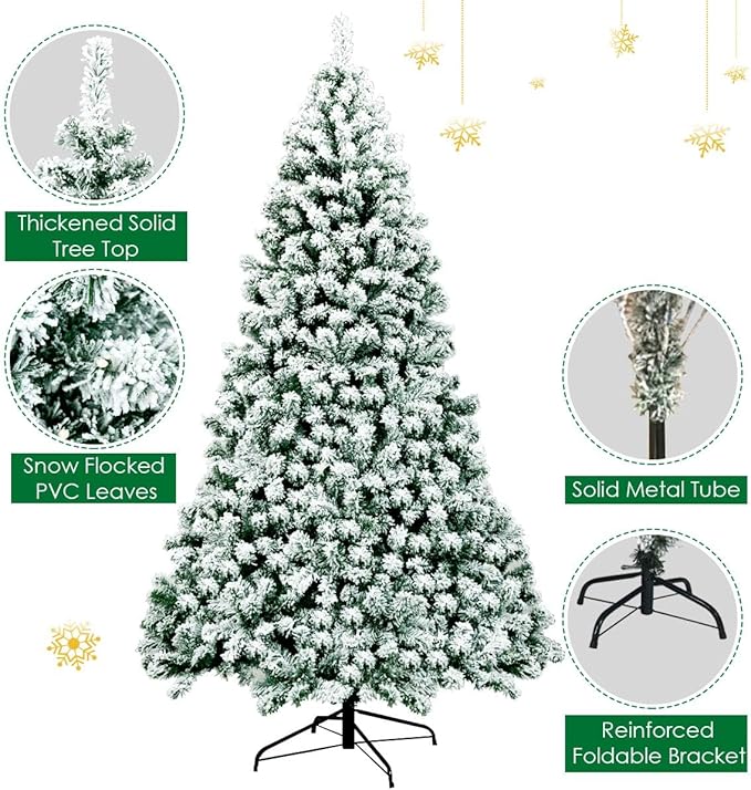 HAPPYGRILL 7.5FT Pre-lit Artificial Christmas Tree Hinged Snow Flocked Christmas Pine Tree with Solid Metal Stand Flexible Branches Traditional Festival Decoration Tree