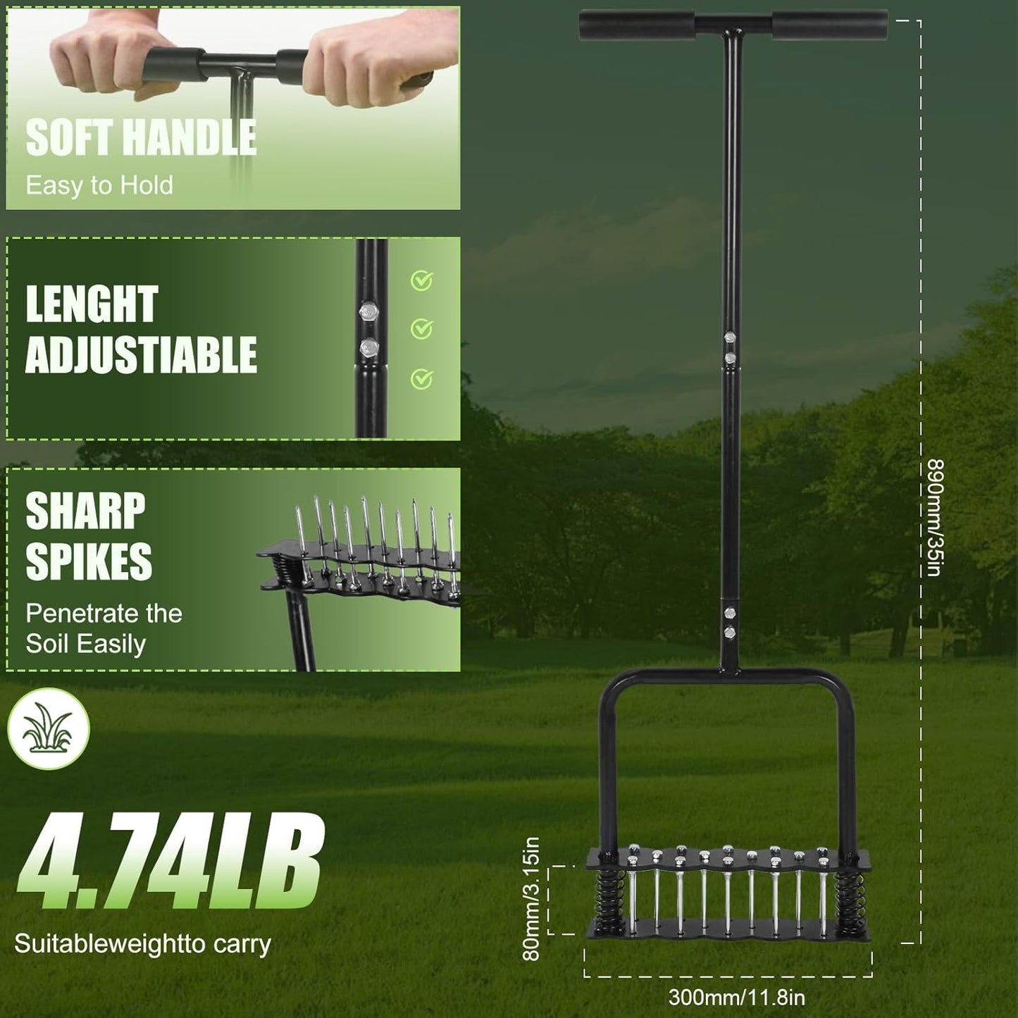 Lawn Aerator Tool,Manual Stainless Steel Spike Aerator Lawn Tool with Spring Base, Automatic Dirt and Leaf Clean Design, Adjustable T-Handle, Soil Loosening, Yard Aerating, Garden Tool Black