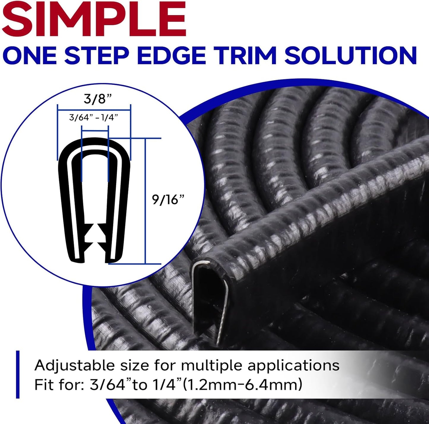 Rubber Edge Trim, U Channel Edge Trim with Metal Clips Edge Guard Protector, PVC Rubber Seal Strip for Sheet Metal, Car Doors, Hatches, Table Corners, Fit 3/64" to 1/4"(1.2mm-6.4mm), 32Ft, Black