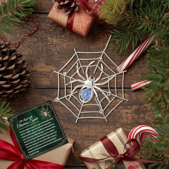 Matashi Silver Plated Christmas Tree Spider Ornament w Blue, Clear Crystals Lucky Hanging Decoration, Holiday Ornament Gift, Unique Spider Decor for Christmas & Halloween Party w Tinsel Legend Story