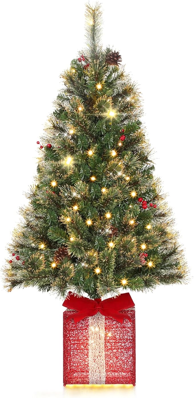 Brightever 4FT Christmas Tree with Warm White LED Lights, Pre-lit Artificial Christmas Trees for Outdoor Indoor Decorations, Unique Gift Box Base, Plug in Outdoor Xmas Tree for Porch, Tabletop, Green