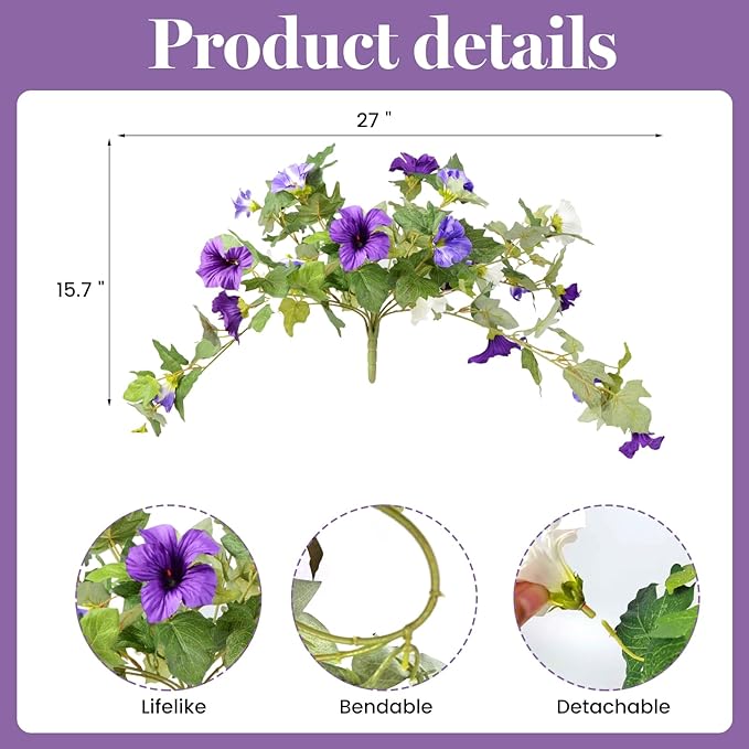 Artificial Morning Glory Fake Flowers for Outdoor Planter Decoration, 2 Pcs Petunias Realistic UV Resistant Faux Silk Flowers for Garden Balcony Porch Indoor Decor (Purple White)