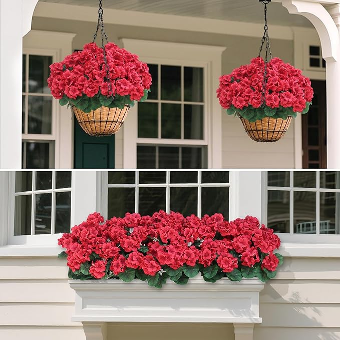 8 Bundles18" Artificial Geranium Flowers for Outdoor Spring Summer Decoration,Fake Silk Geranium Faux Plants UV Resistant for Front Door Planter Outside Home Garden Balcony Yard Porch Decor (Red)