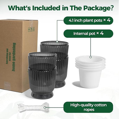 T4U 4 Inch Self Watering Plant Pot, 4 Pack Self Watering Pots, Small Self Watering Planter with Reservoir for Indoor Plants, African Violets (4 Pack 4" Pots, Translucent Gray)