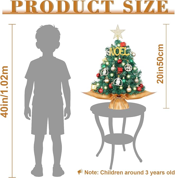 Wangchao Craft 20" Tabletop Mini Christmas Tree Set with LED Light, Star Treetop, Ornaments Balls, Table Top Small Christmas Tree, Best DIY Christmas Decorations Green