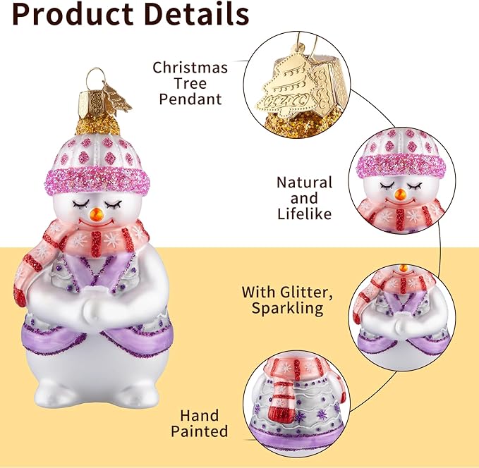 Snowman Christmas Ornaments,Blown Glass Ornaments for Christmas Tree,Purple Shy Snowman Collection Figurine Hanging Ornament,Christmas Decorations for Xmas Tree Holiday Party Daily Gifts