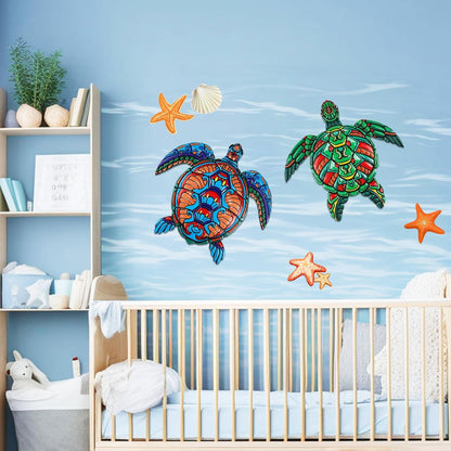 ULENDIS 2 PCS Metal Sea Turtle Wall Art Decor, Ocean Theme Outdoor Wall Decor, Nautical Hanging Decorations for Garden Pool Fence Patio Bathroom Indoor