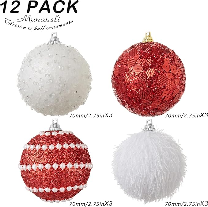 Red Christmas Ball Ornaments, Christmas Ball Decorations Shatterproof Plastic Hanging Pearl Balls for Holiday Party(70mm/2.76", 12ct)