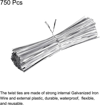 MECCANIXITY Foil Twist Ties 6" 15cm Metallic Plastic Closure Tie for Tying Bread, Candy, Cookies, Gift Bags Arts Crafts Ties Silver Tone Pack of 750