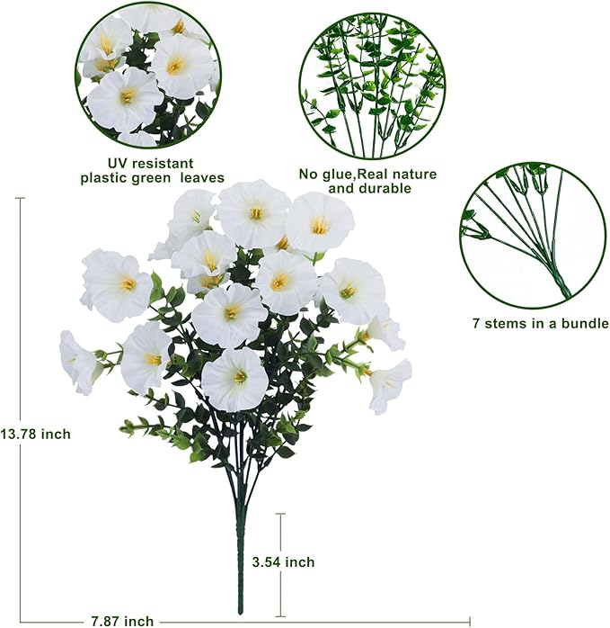 10 Bundles Artificial Flowers for Outdoor,UV Resistant Fake Petunia Flowers,Faux Plants for Outside Hanging Planters,Artificial Plants for Indoor Porch Garden Home Wedding Decor(White)