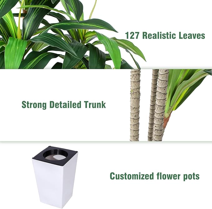 Artificial Dracaena Plant 6ft with White Tall Planter, Potted Artificial Dracaena Silk Plant, Fake Yucca Tree Plant, Home Office Floor Room Decor Plants Indoor Outdoor, Housewarming Gift