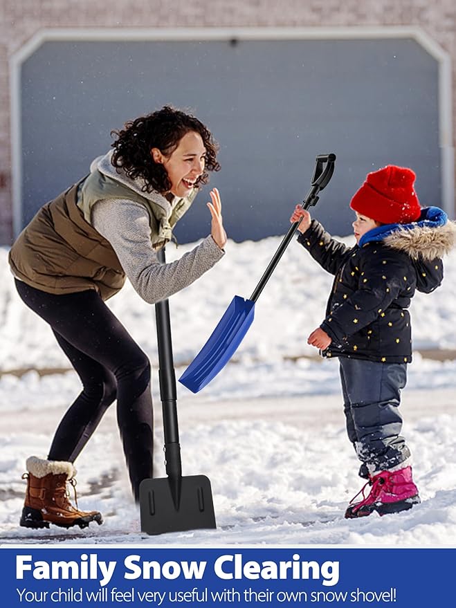 Snow Shovel for Child Aged 2-13 Year Old, Plastic Kids Snow Shovel Right Kid Size, Comfort Strong D Handle Grip, Lightweight Small Snow Shoveling Tool for Children Toddler, Bright Blue Color