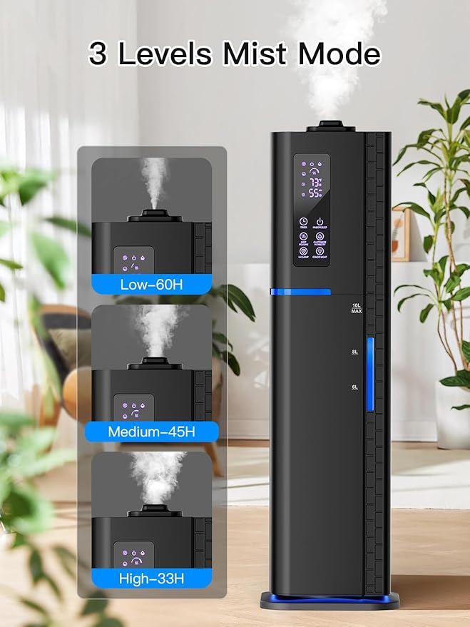 10L/2.64Gal Humidifier, Top Fill Quiet Ultrasonic Cool Mist Humidifiers for Bedroom, Covers 550ft², 60H Runtime, 24H Timer, 3 Mist Modes Humidifier Large Room, Home, Office, Plants, Black